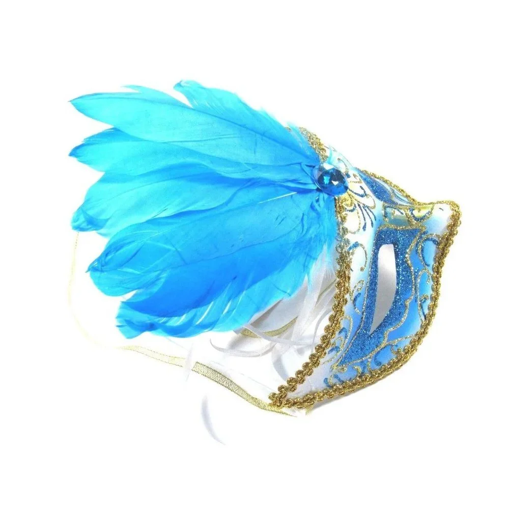 Eye Mask Womens Halloween Mardi Gras Feather Blue Masquerade Mask One Size New